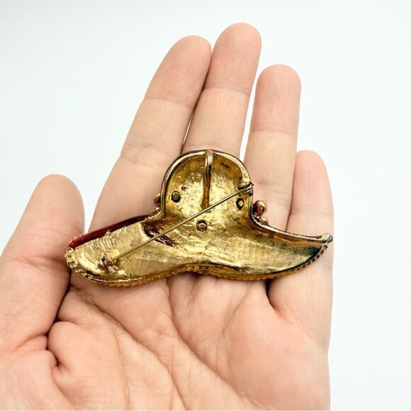 Vintage Large Red Hat Enamel Brooch Gold-Tone PurpleRhinestone Red Hat Lady - Picture 3 of 4